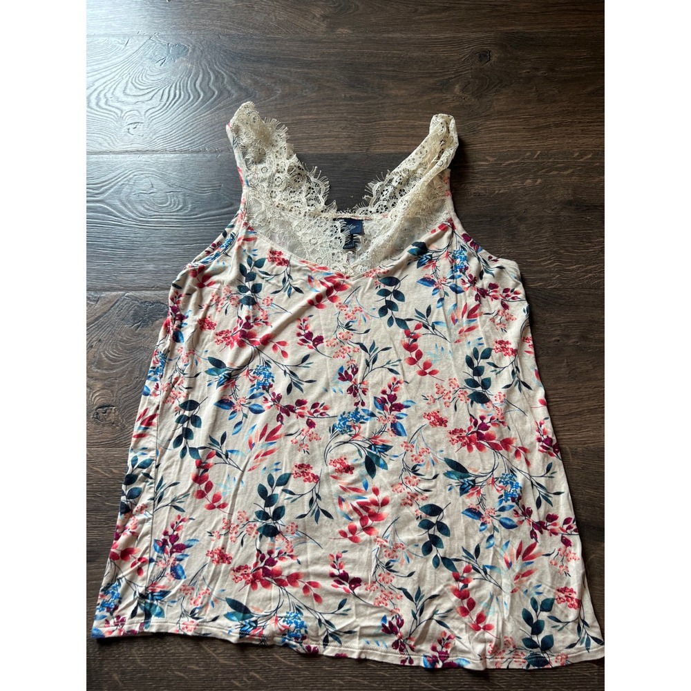 Daytrip Womens Floral Lace Trim Tank Top Medium Cream Red Blue‎ V-Neck WS00996